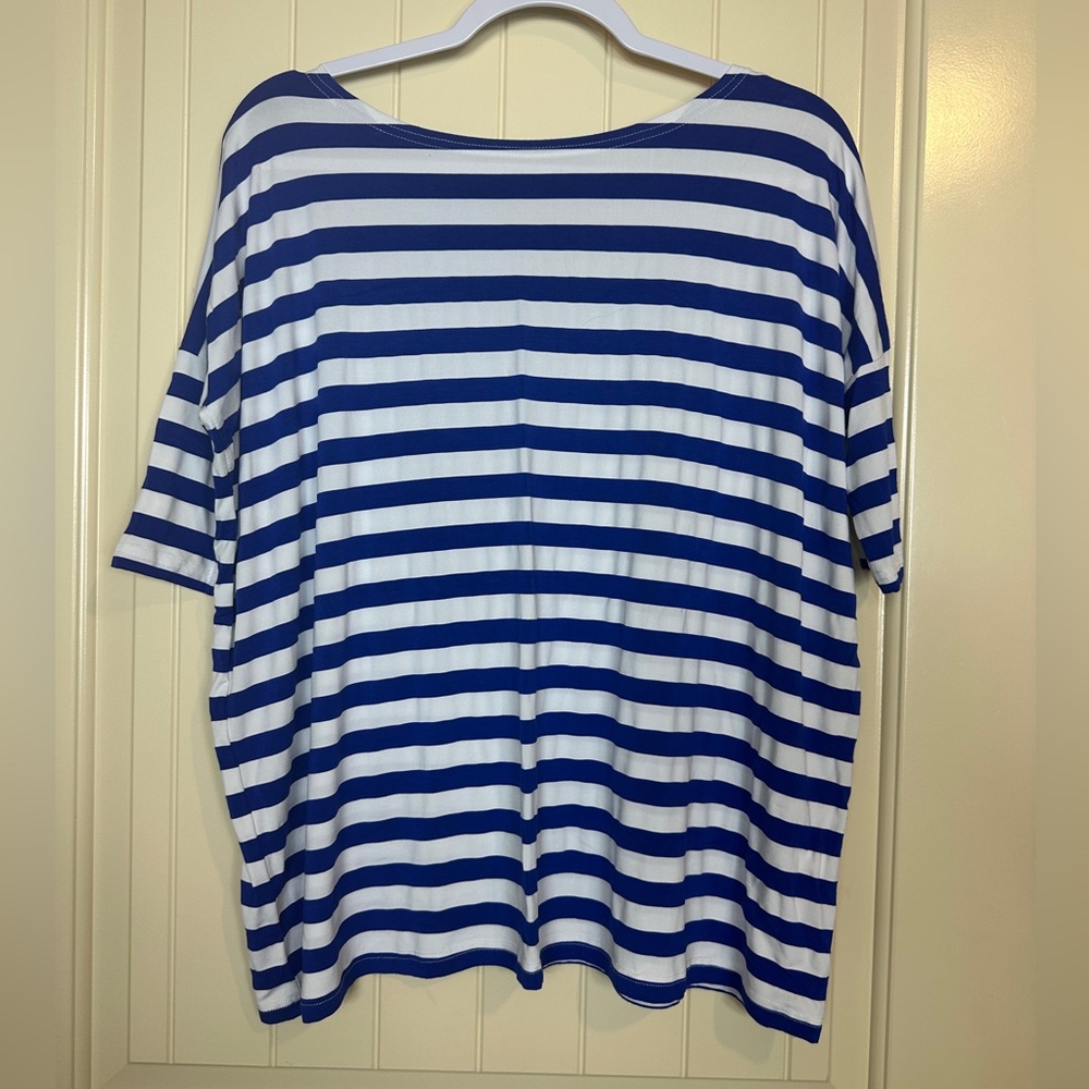 Piko boxy oversized blue white striped rayon stretch shirt top blouse sz S‎
